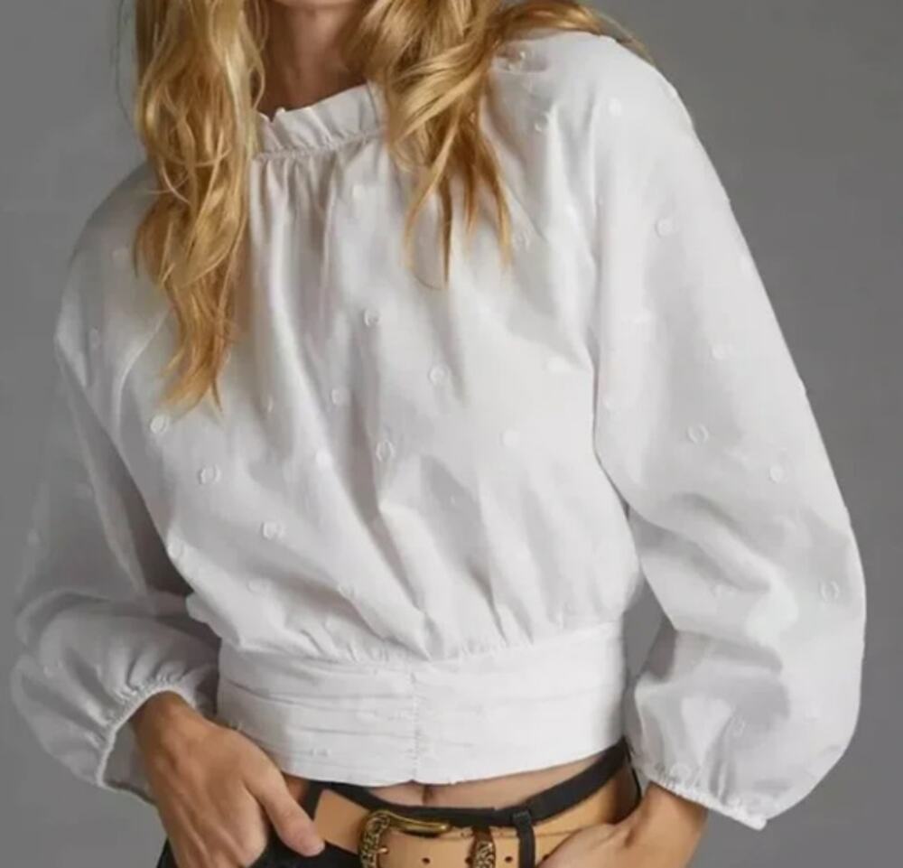 Maeve by Anthropologie White Swiss Dot Puff Sleeve Cropped Blouse Size 6